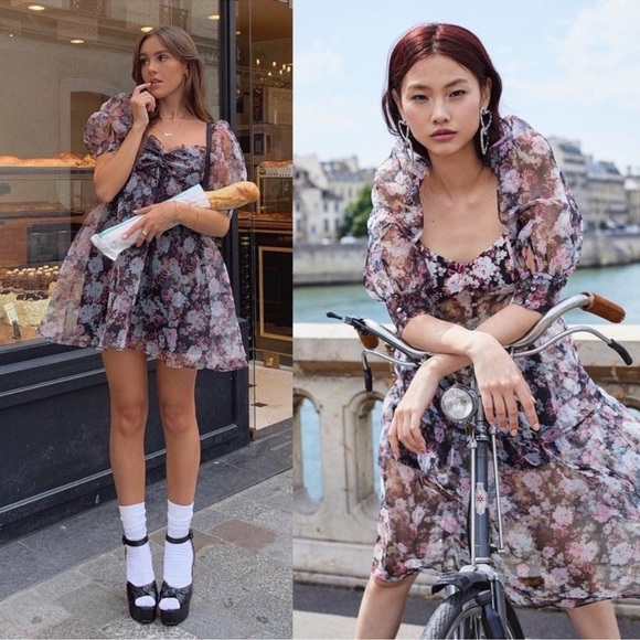 For Love & Lemons Faye Mini Dress Babydoll Multicolored Size Medium - Picture 2 of 14